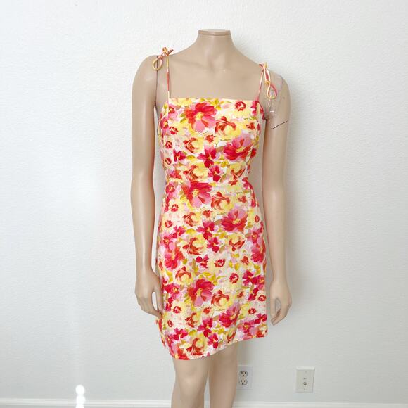 [Old Navy] Pink Floral Print Linen Blend Square Neck Mini Dress Smocked Sz Large - Picture 2 of 12